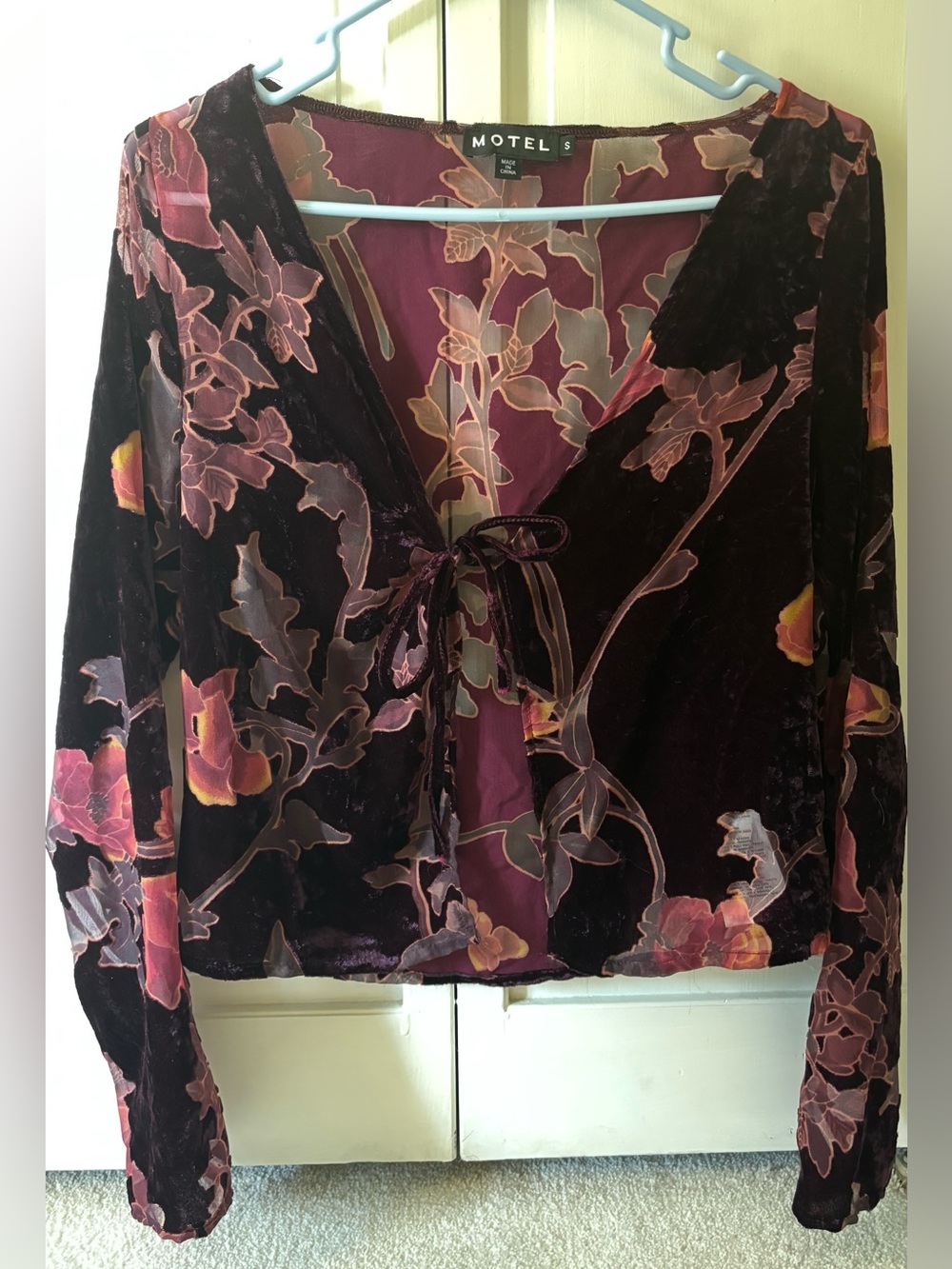 Motel Rocks Burgundy Floral Velvet Tie-Front Blouse